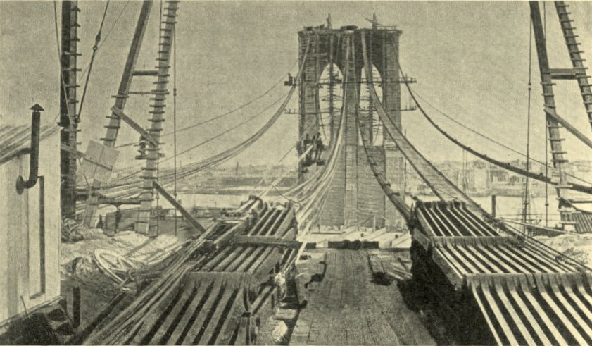 Brooklyn Bridge under construction, 1878. Brooklyn Bridge cable wires were finished with wire wrapping.
