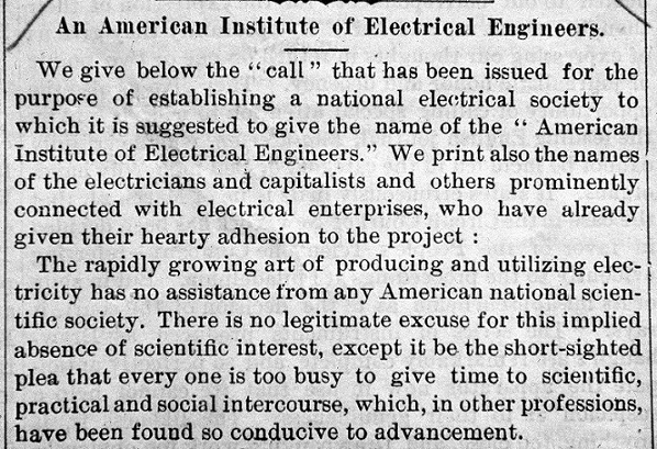 1884 Announcement to Form the American Institute of Electrical Engineers