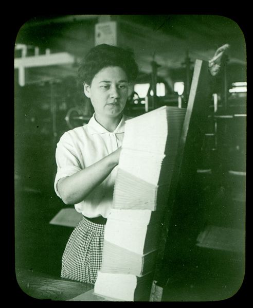 File:11A - Scientific Management in Industry Printing - The Plimpton Press - Woman Piling Sheets to be Prepared for Handling.jpg