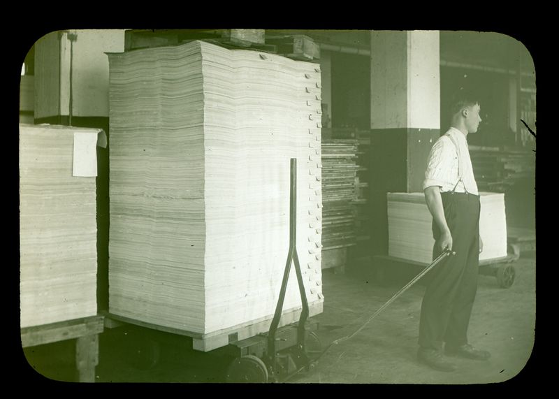 File:10A - Scientific Management in Industry Printing - Plimpton Press - Handling Sheets of Plain Paper in Skids on Lift Truck.jpg